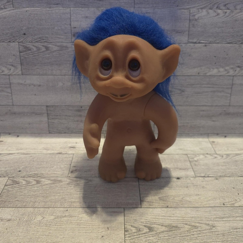Vintage Thomas DAM Troll 1977 Body 1985 Head 9" Blue Hair Mustache‎ Amber Eyes